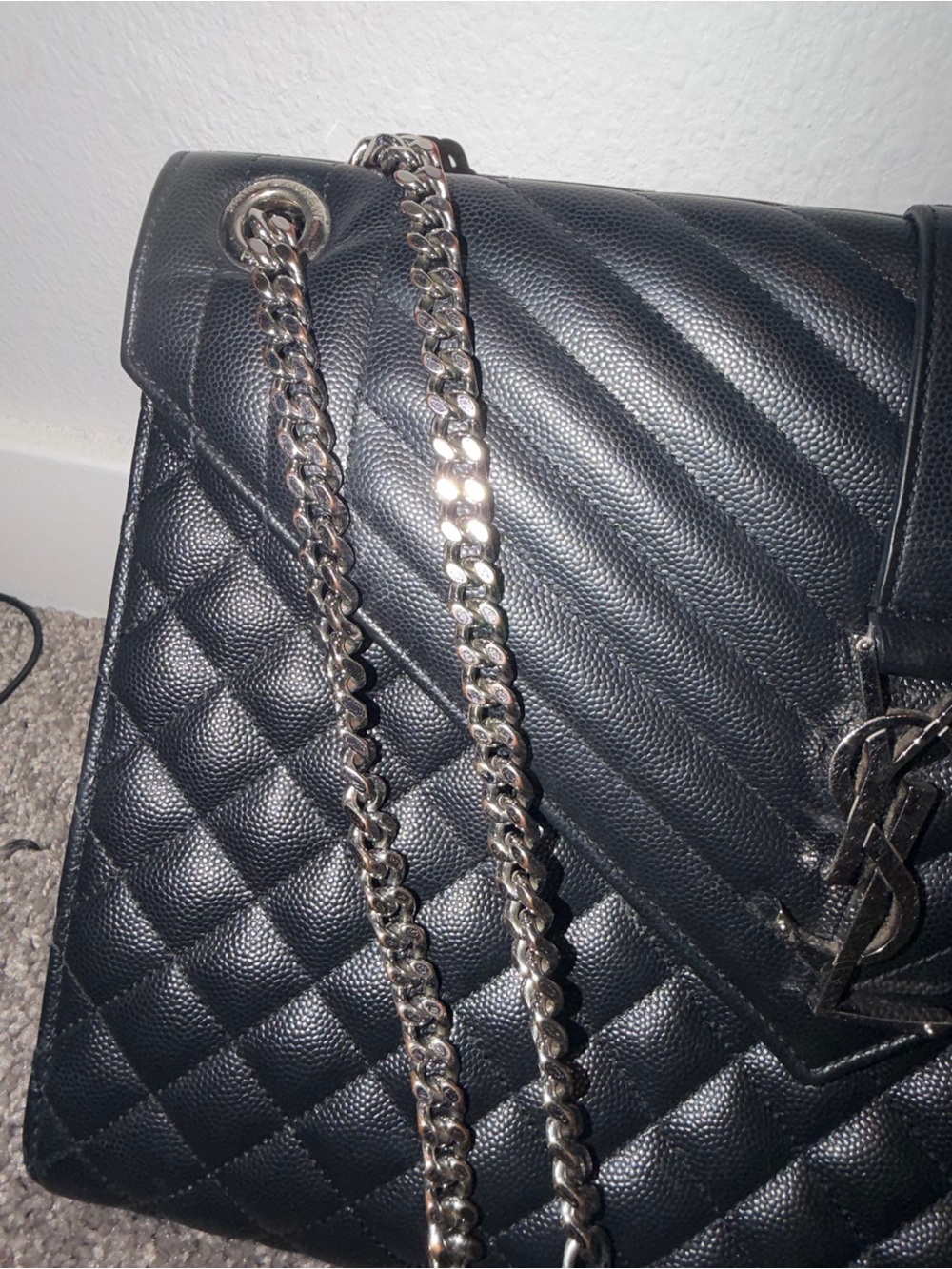 Saint Laurent Black Quilted Chevron & Diamond Chain Shoulder Bag - Picture 3 of 9